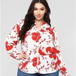 Fashion Nova White Business Top with Red Floral Design